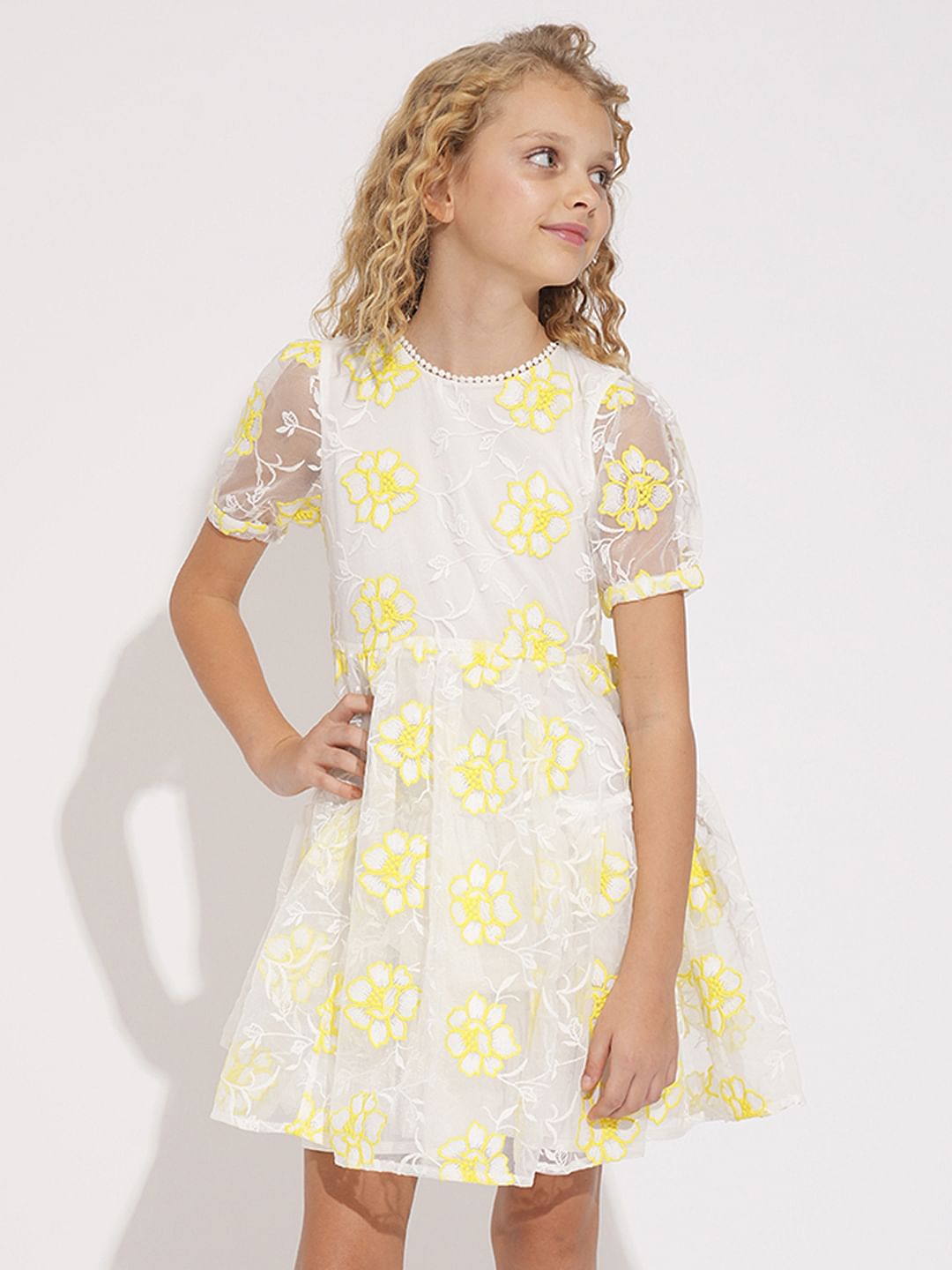 Girls White Organza Embroidered Dress