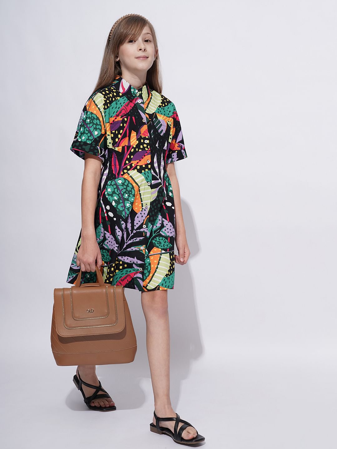 Girls Black Tropical Print Shirt Dress