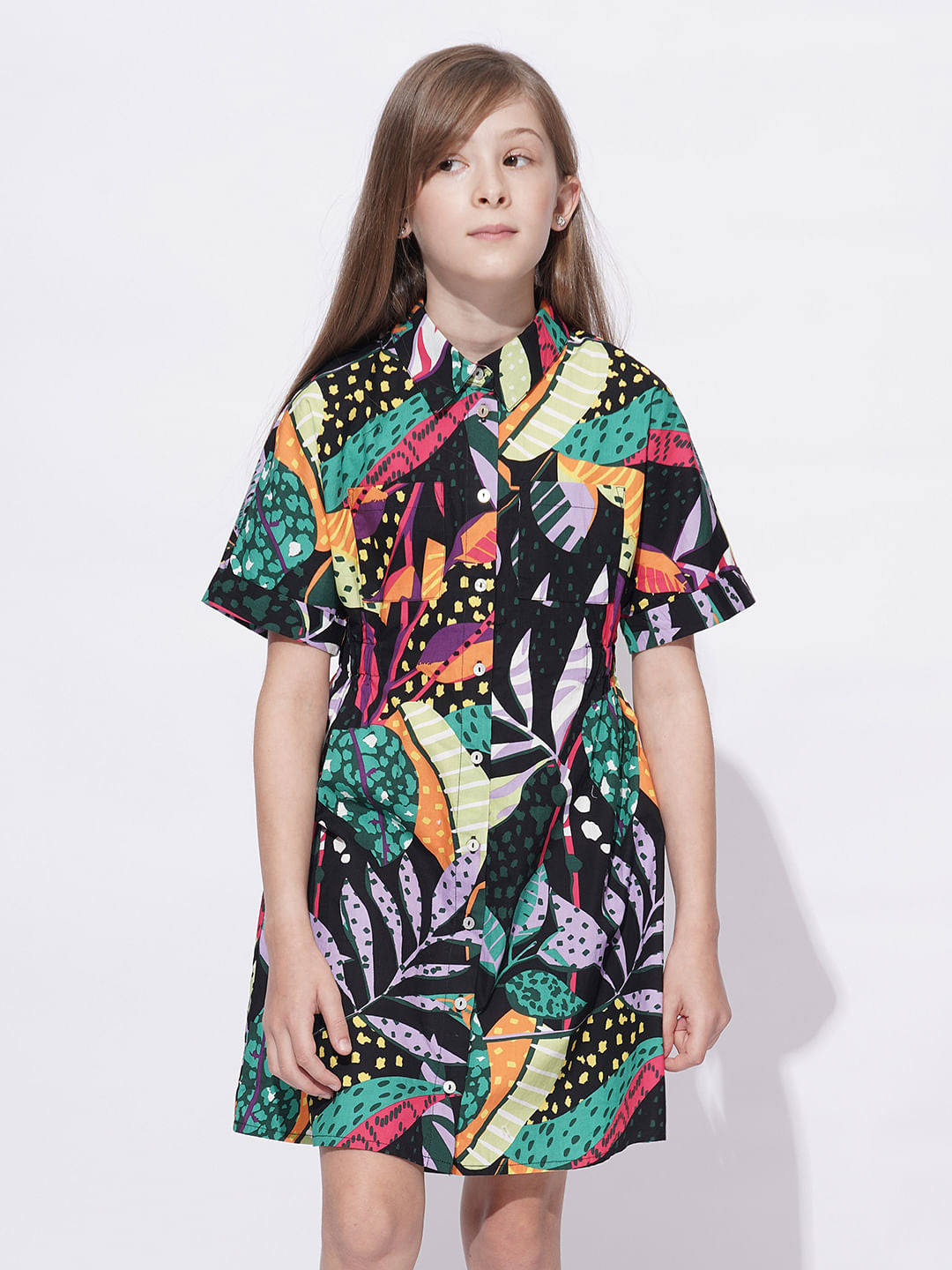Girls Black Tropical Print Shirt Dress