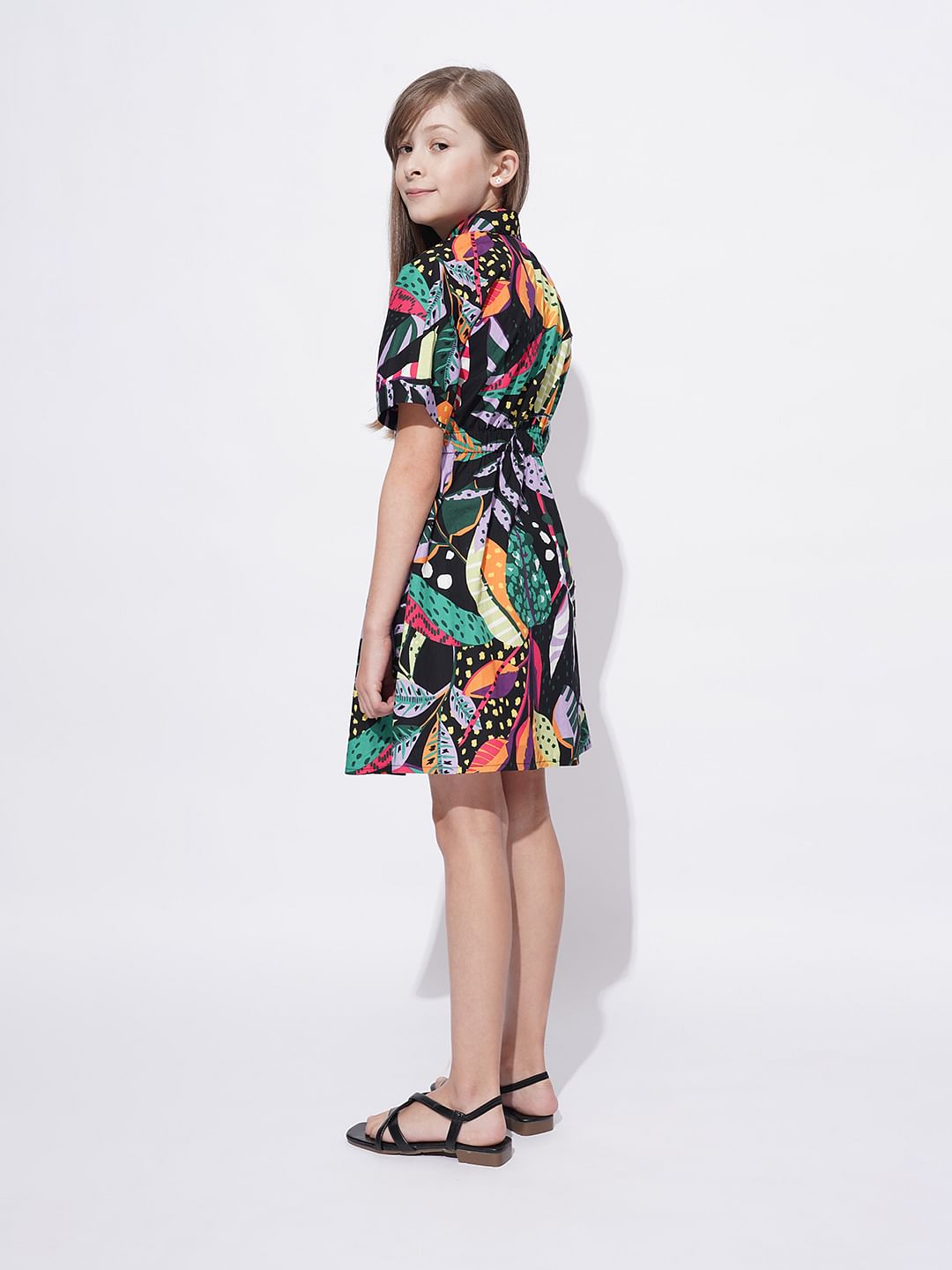 Girls Black Tropical Print Shirt Dress