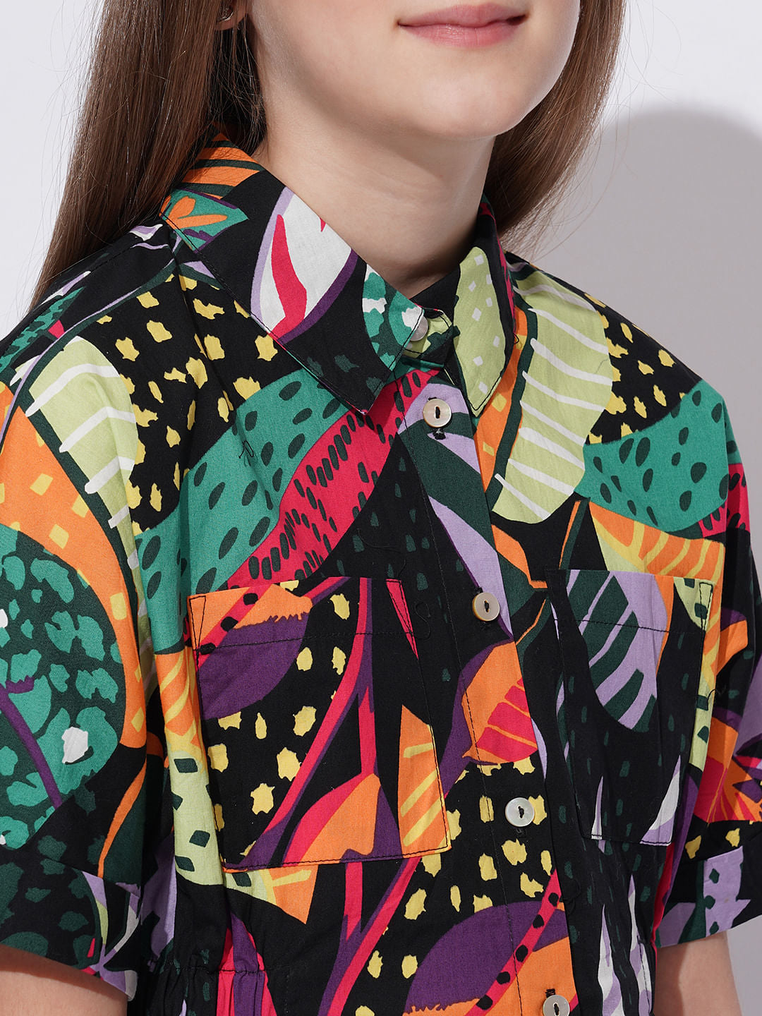Girls Black Tropical Print Shirt Dress