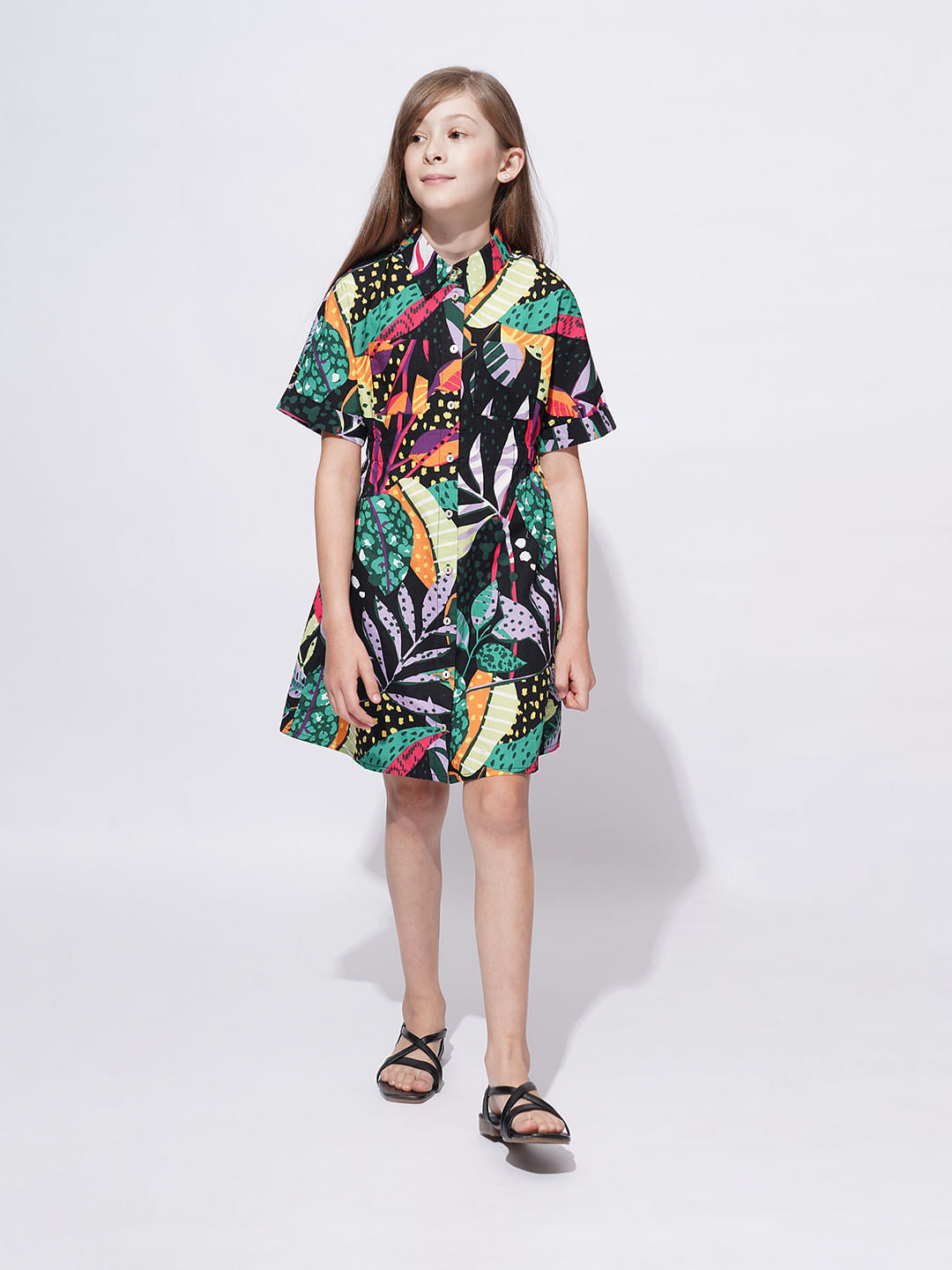 Girls Black Tropical Print Shirt Dress