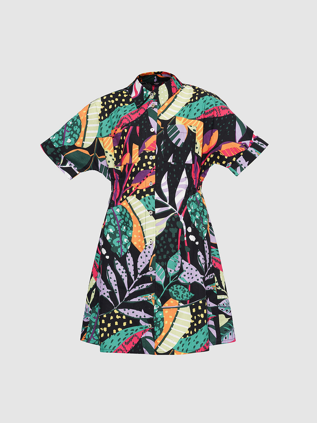 Girls Black Tropical Print Shirt Dress