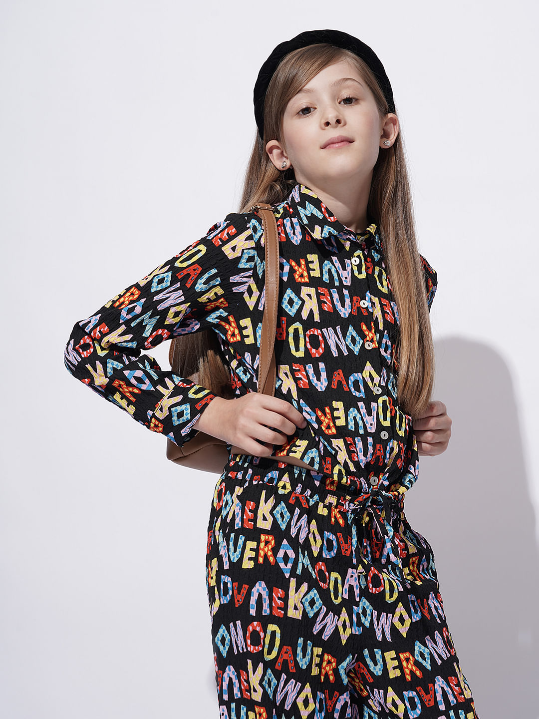 Girls Black Alphabet Print Co-Ord Set Shirt