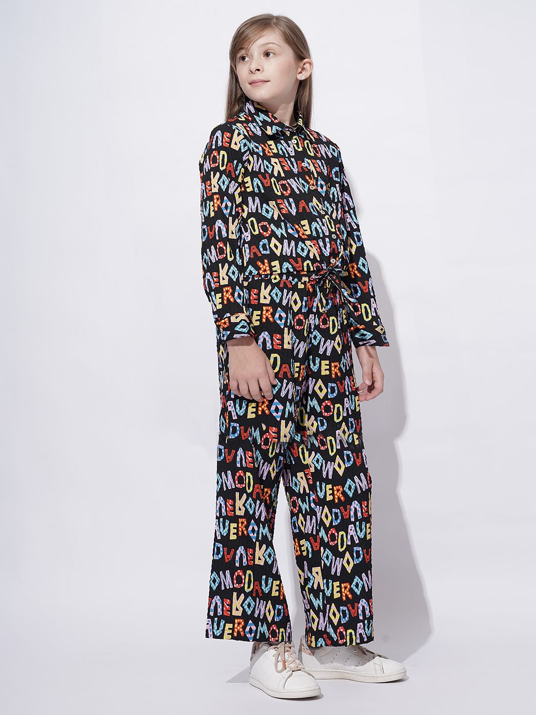 Girls Black Alphabet Print Co-Ord Set Shirt