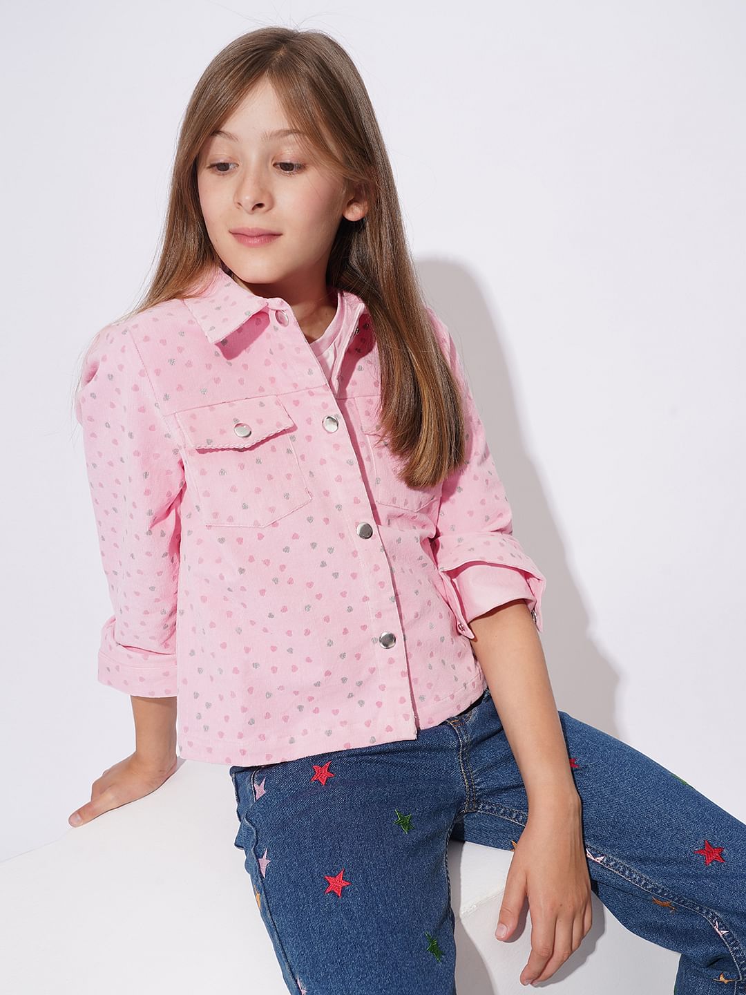 Girls Pink Printed Corduroy Shirt
