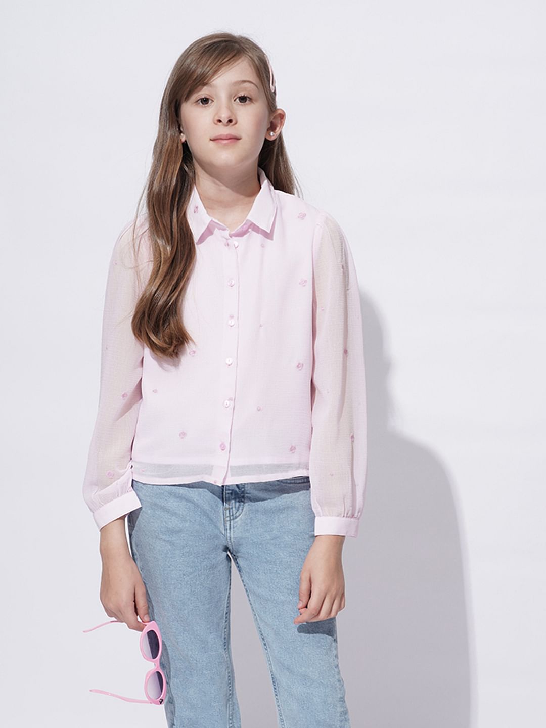 Girls Light Pink Embroidered Shirt