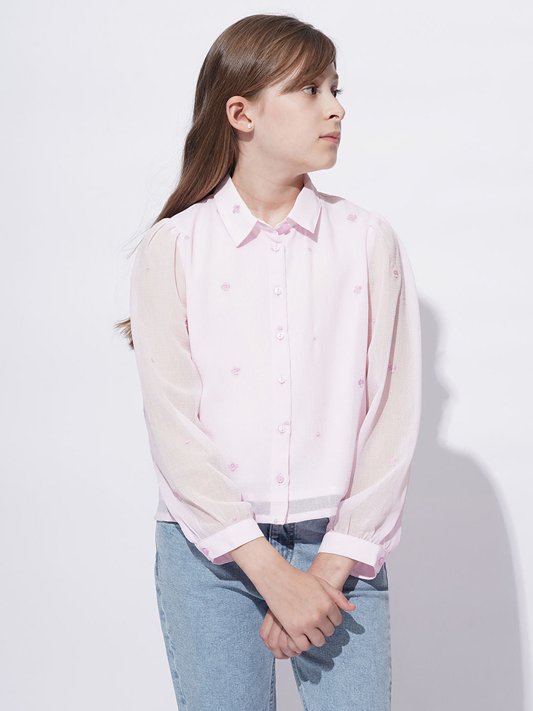 Girls Light Pink Embroidered Shirt