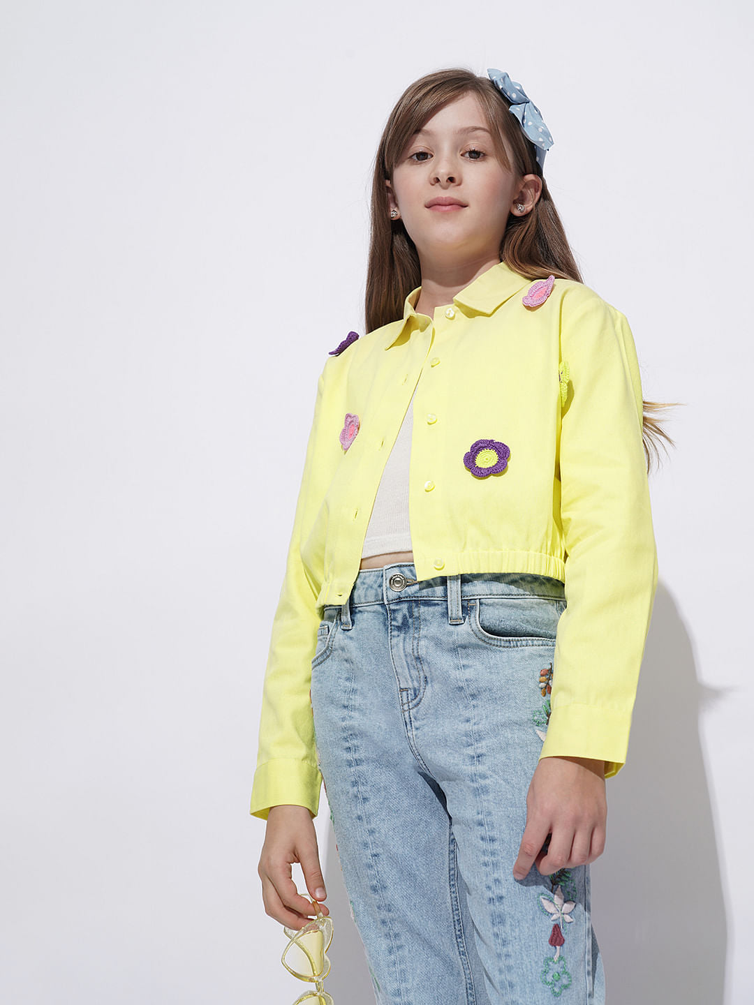 Girls Yellow Crochet Floral Patch Shirt
