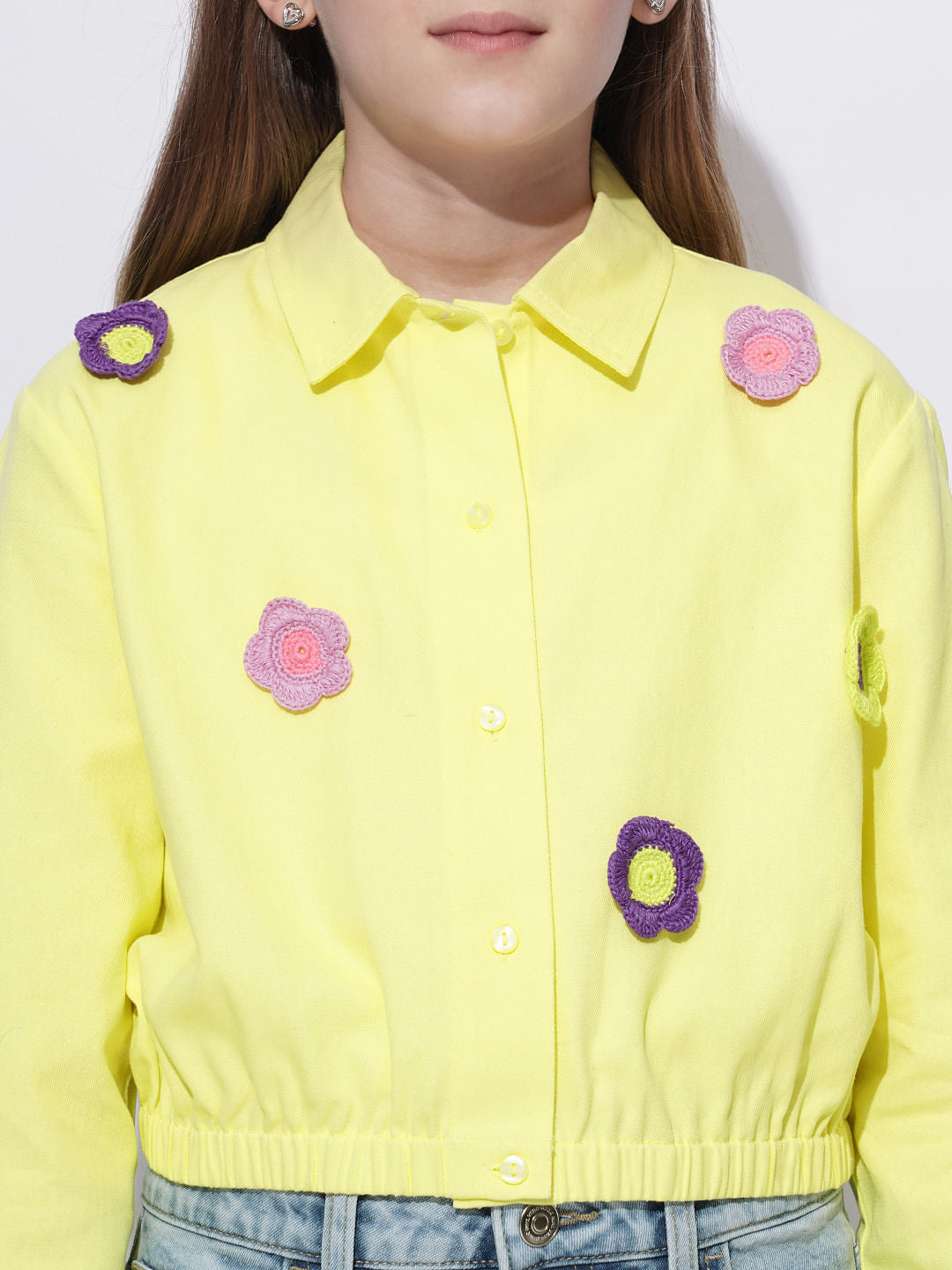 Girls Yellow Crochet Floral Patch Shirt