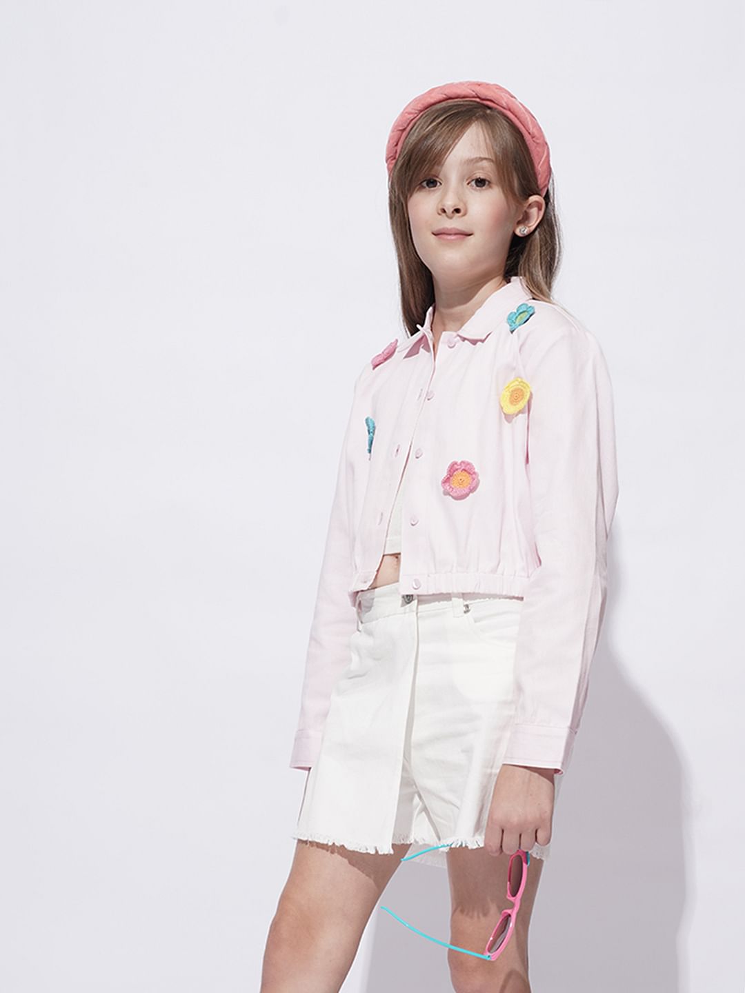 Girls Light Pink Crochet Floral Patch Shirt