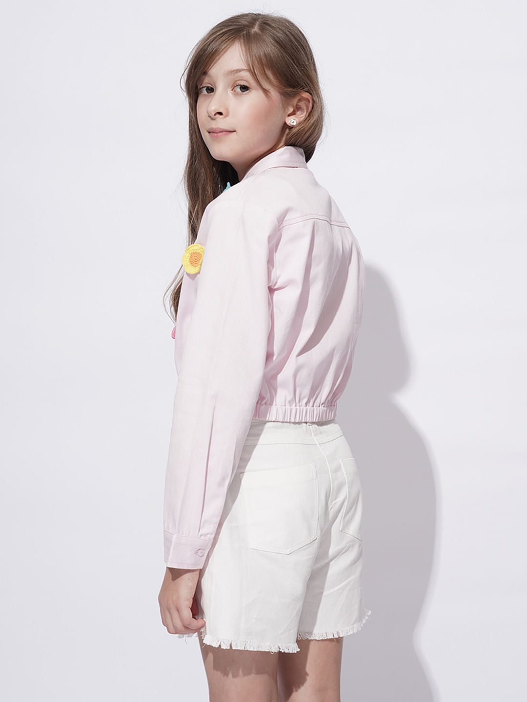 Girls Light Pink Crochet Floral Patch Shirt