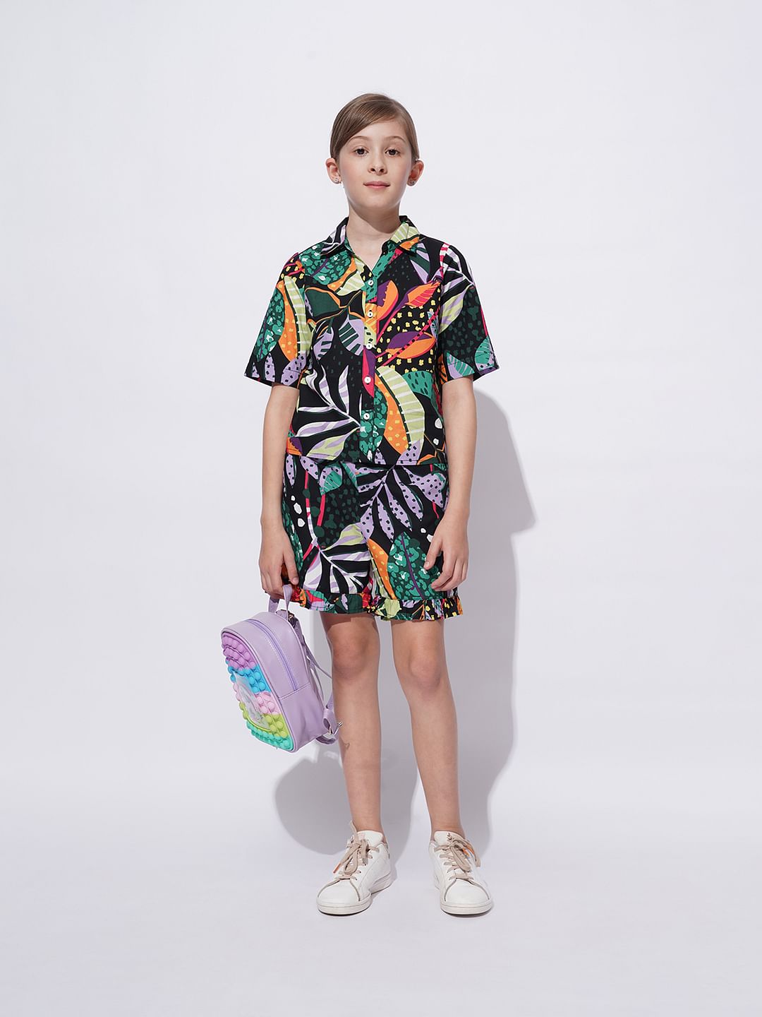 Girls Black Tropical Print Co-Ord Set Shorts