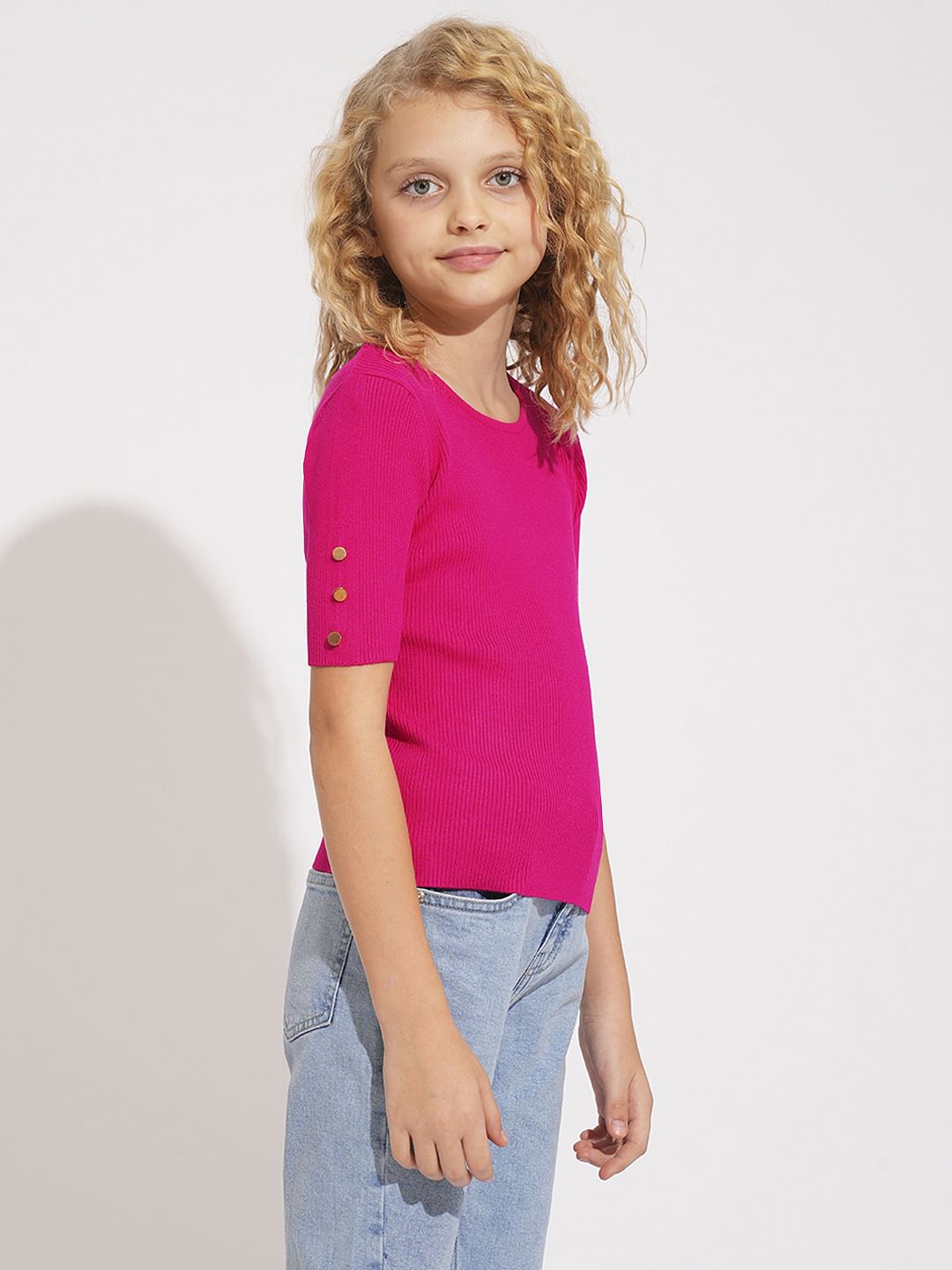 Girls Pink Ribbed Knitted Top