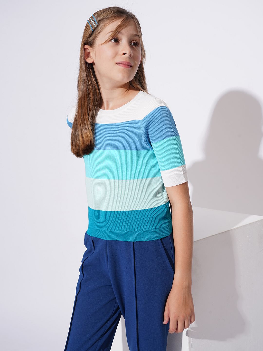 Girls Blue Colourblocked Knit Top