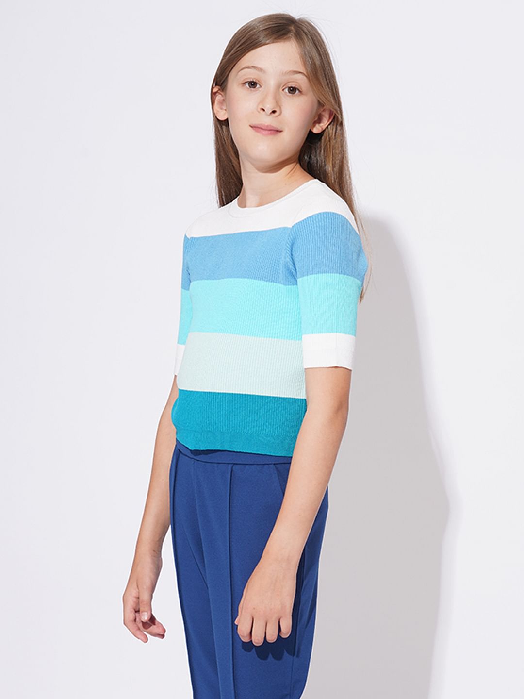 Girls Blue Colourblocked Knit Top