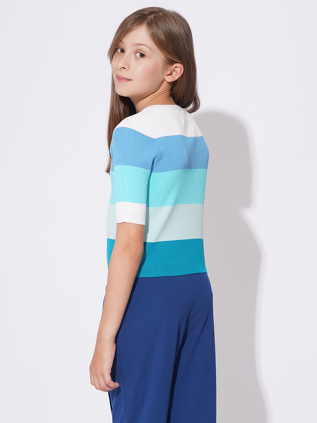 Girls Blue Colourblocked Knit Top