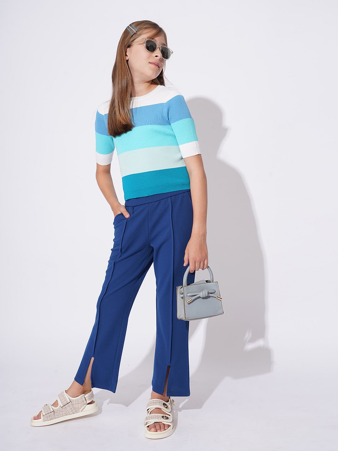 Girls Blue Colourblocked Knit Top