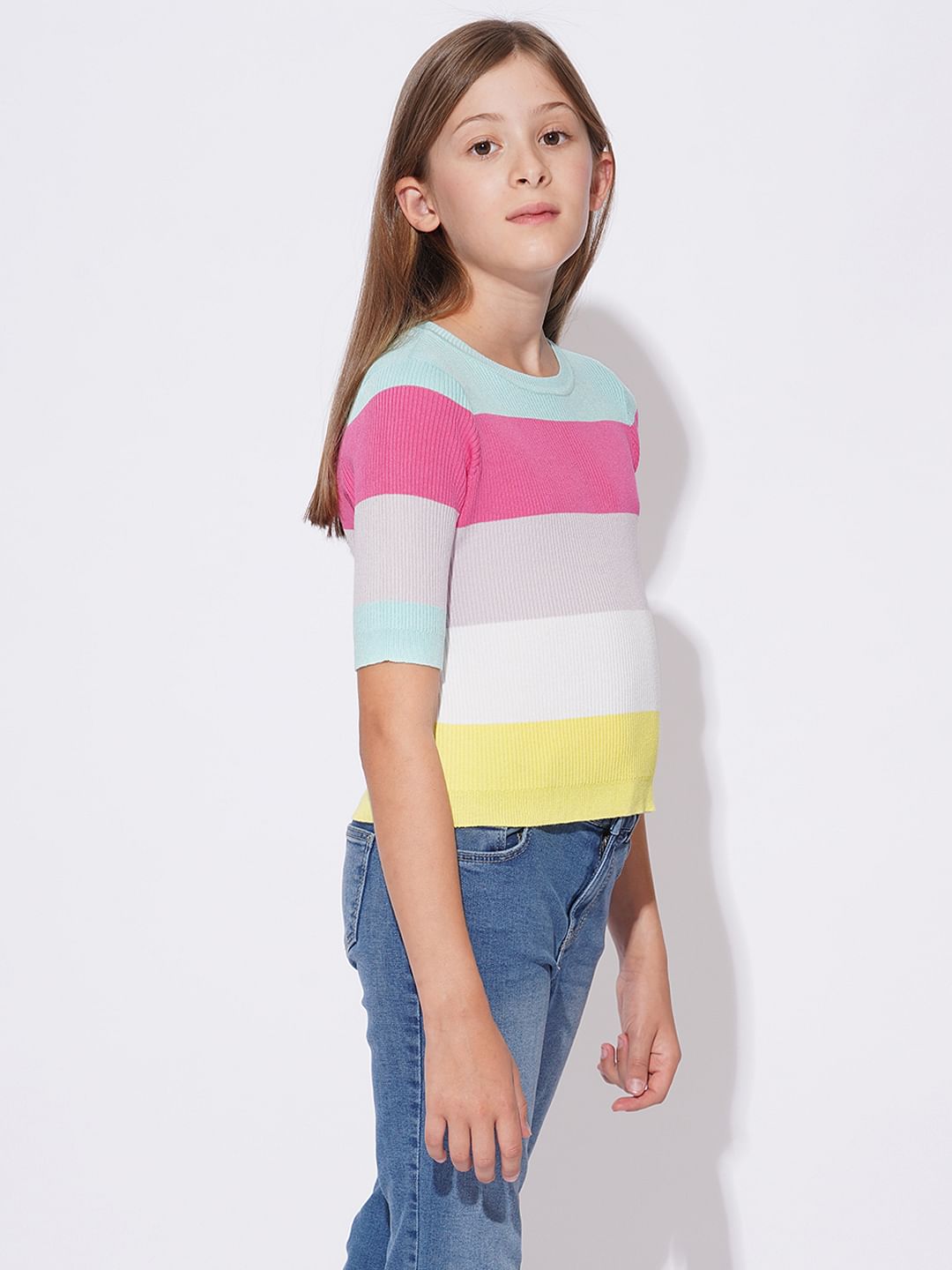 Girls Pink Colourblocked Knit Top