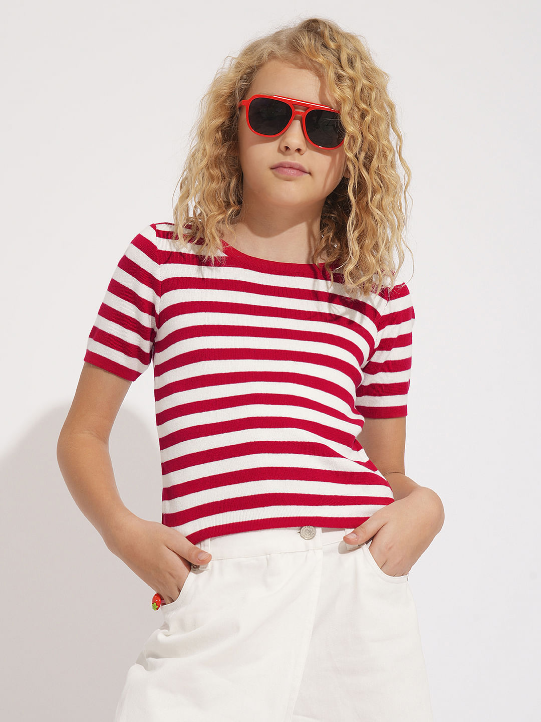 Girls Red Striped Knitted Top