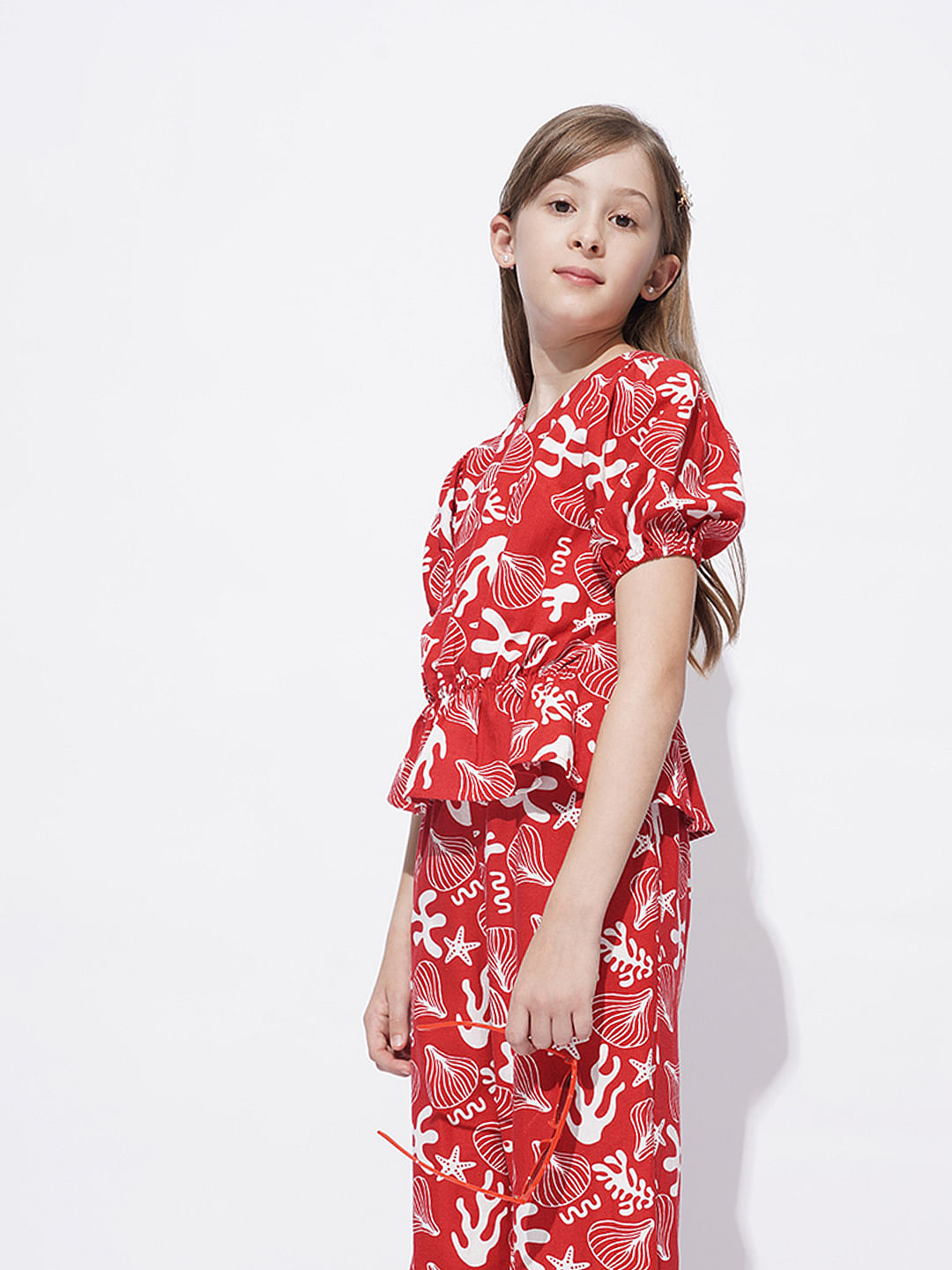 Girls Red Printed Co-Ord Set Top
