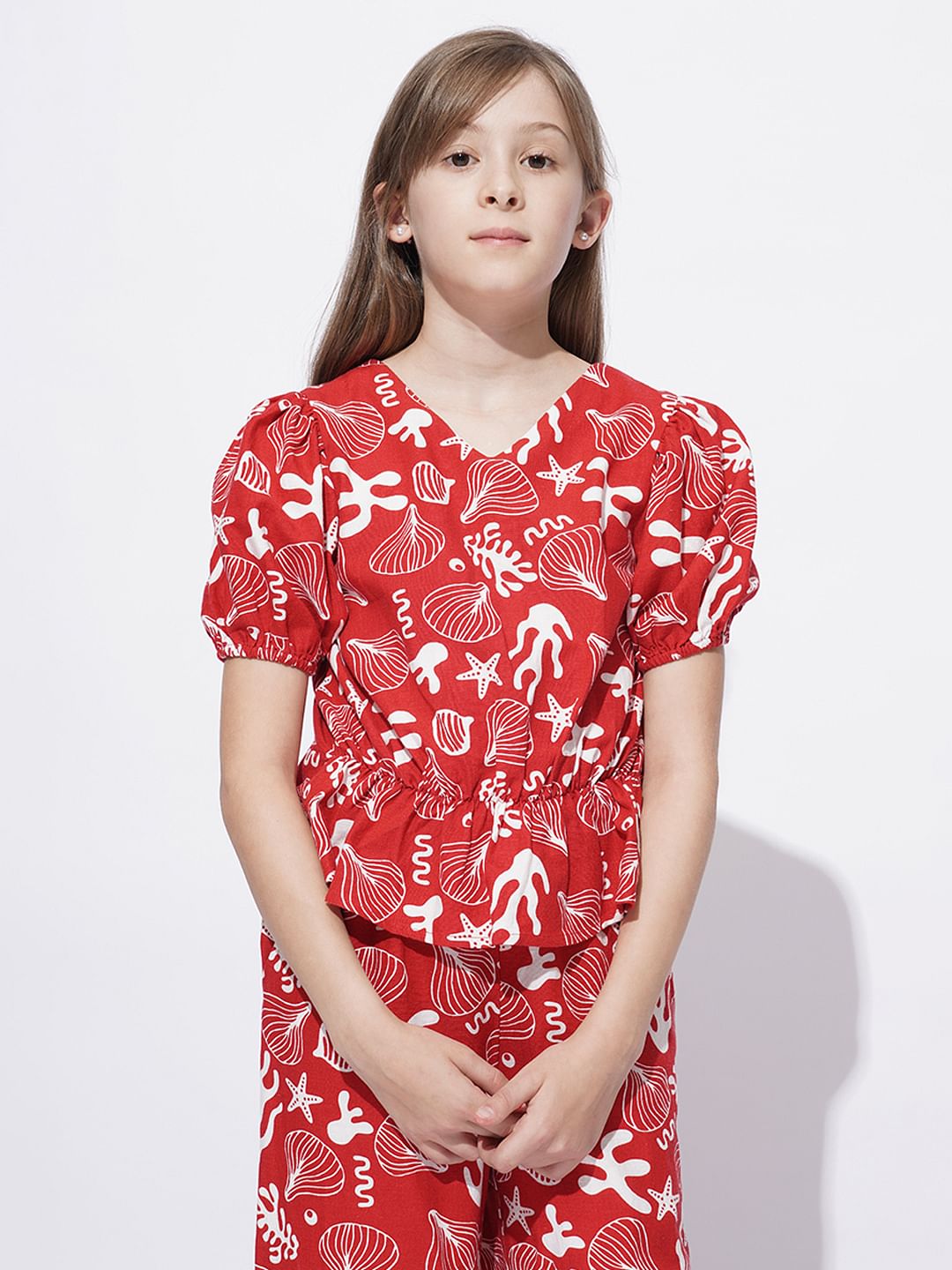 Girls Red Printed Co-Ord Set Top