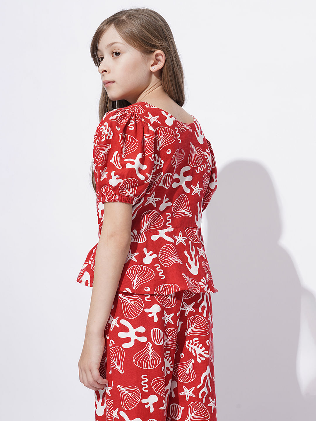 Girls Red Printed Co-Ord Set Top
