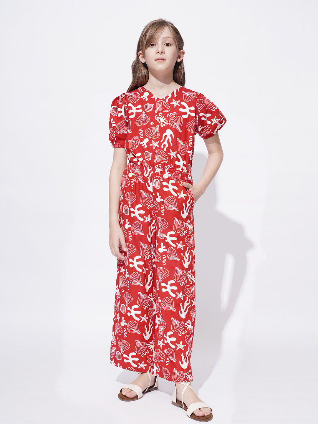 Girls Red Printed Co-Ord Set Top