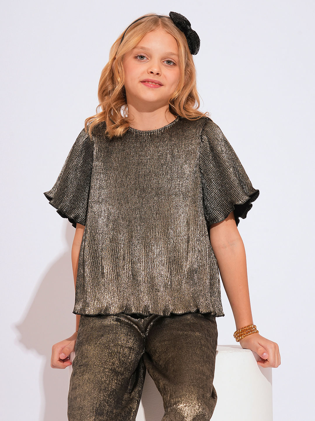 Girls Black Metallic Plisse Co-Ord Set Top