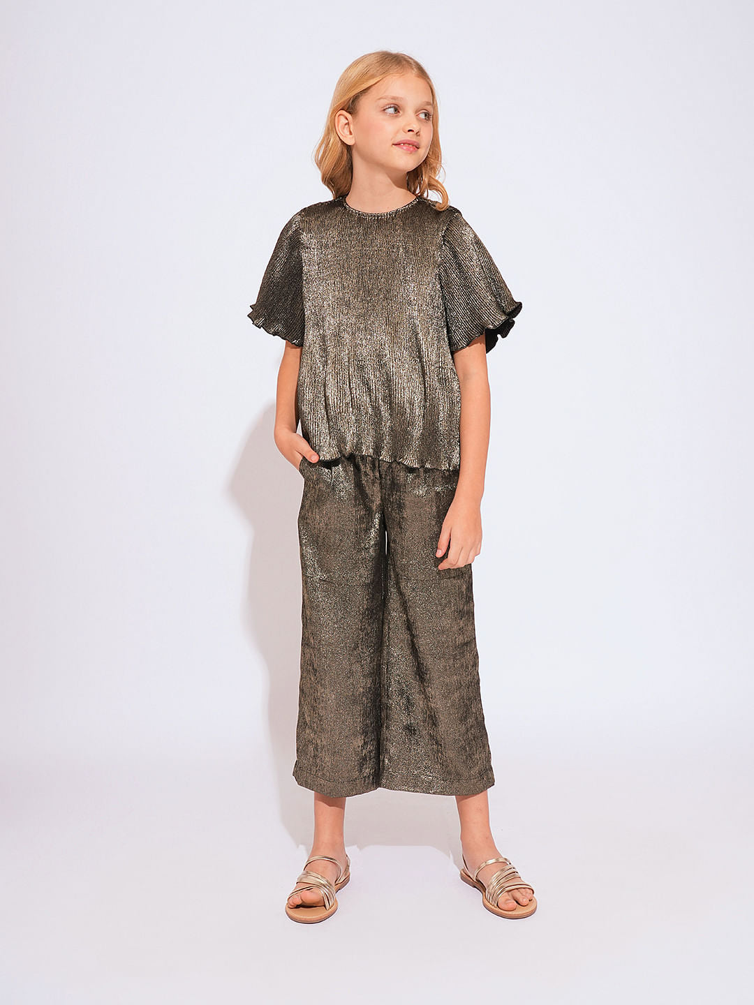Girls Black Metallic Plisse Co-Ord Set Top