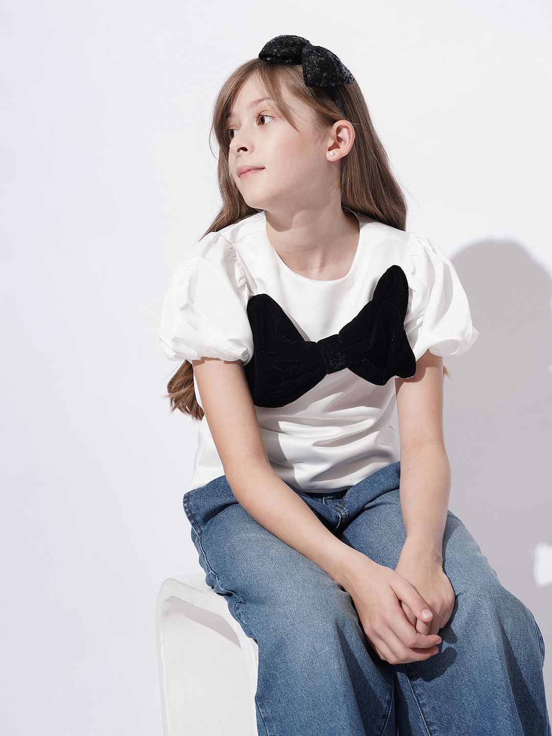 Girls White Velvet Bow Detail Top