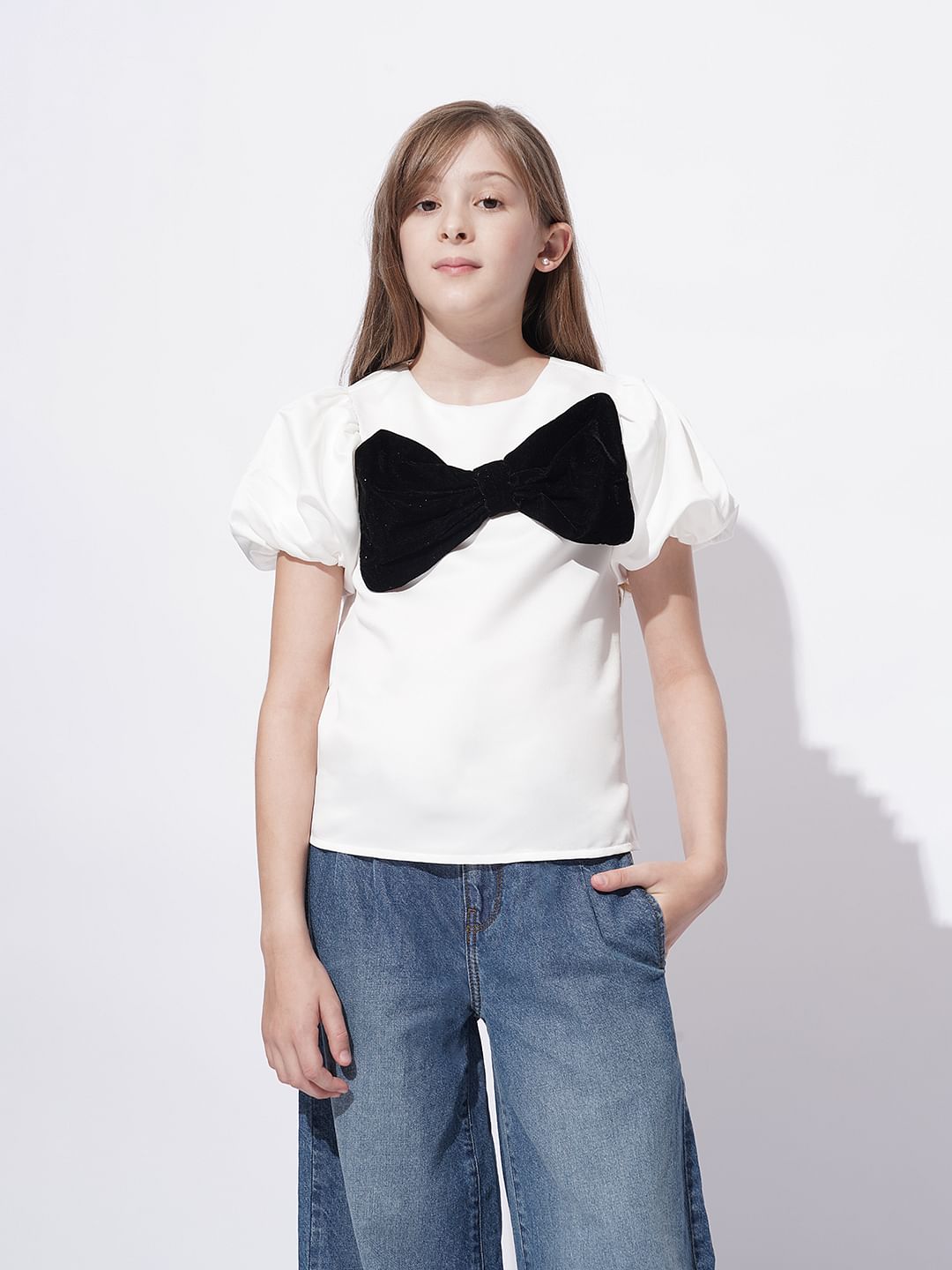 Girls White Velvet Bow Detail Top