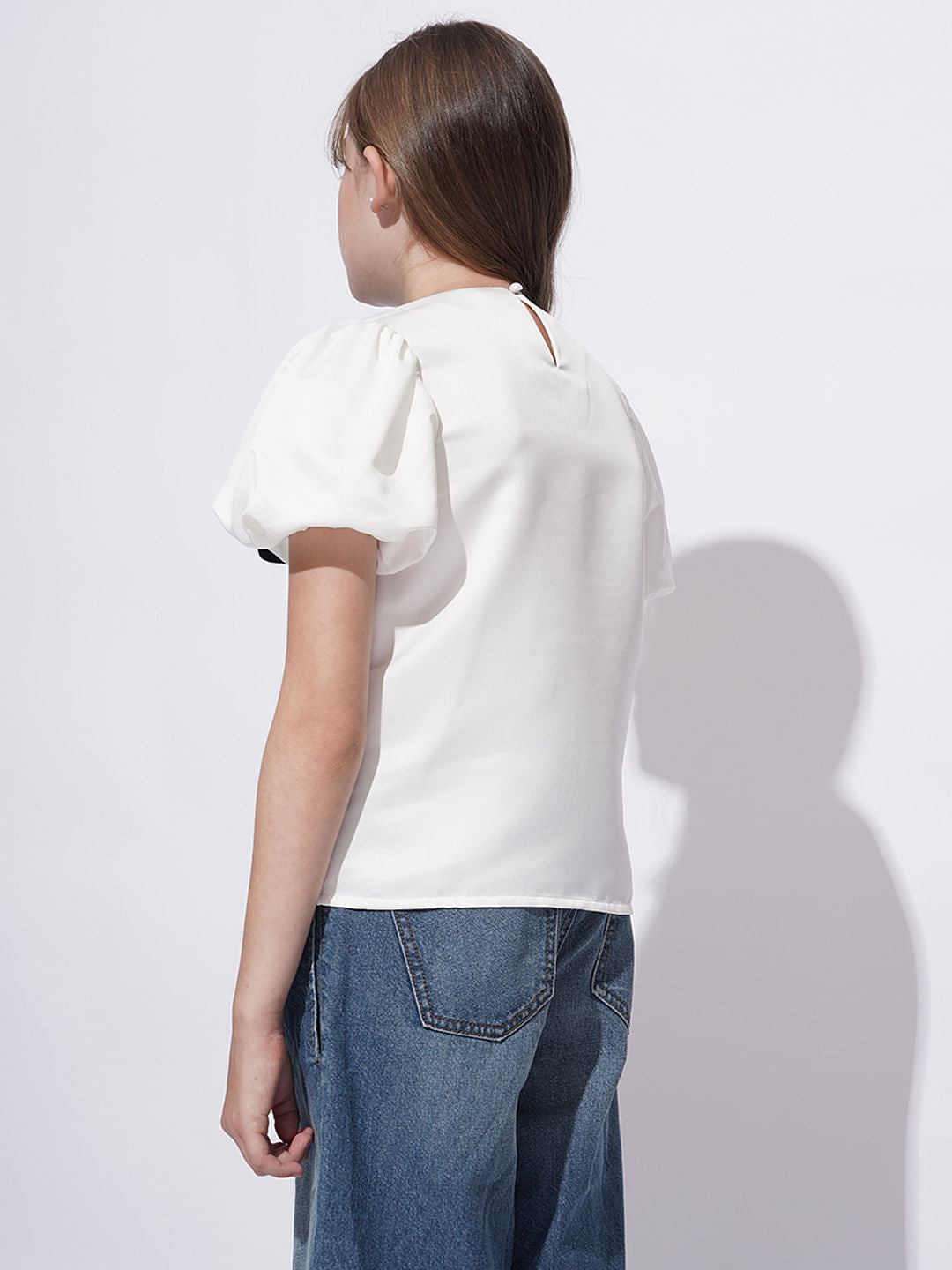 Girls White Velvet Bow Detail Top