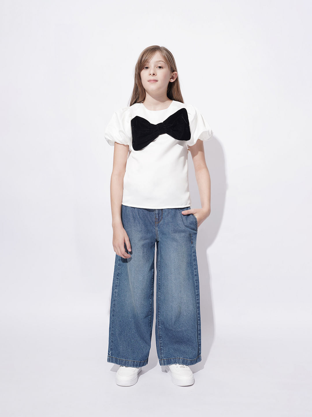 Girls White Velvet Bow Detail Top