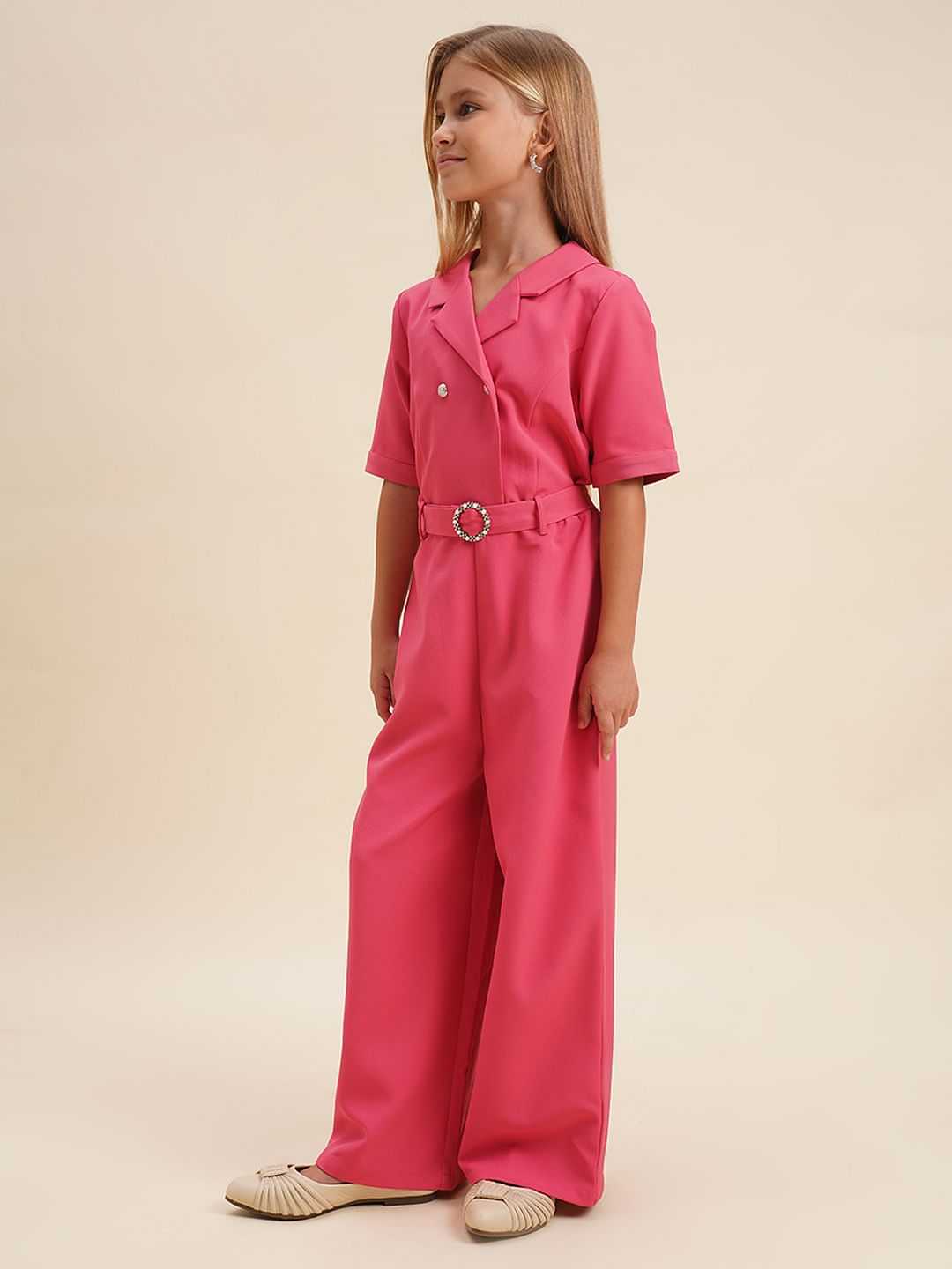 Girls Pink Belted Jumpsuit