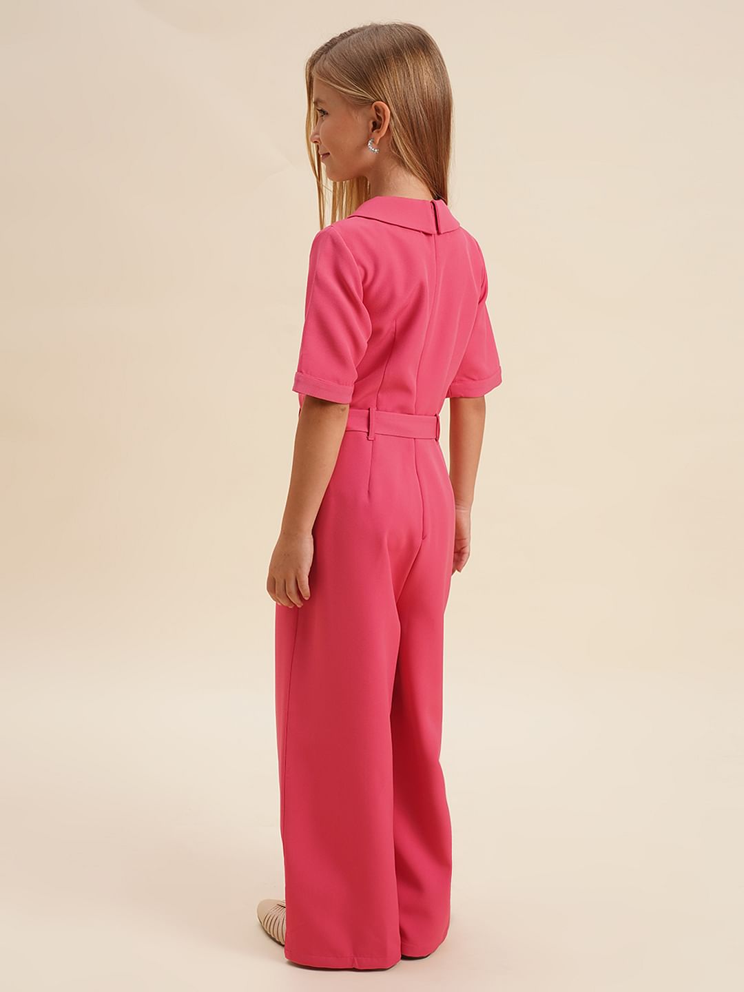 Girls Pink Belted Jumpsuit