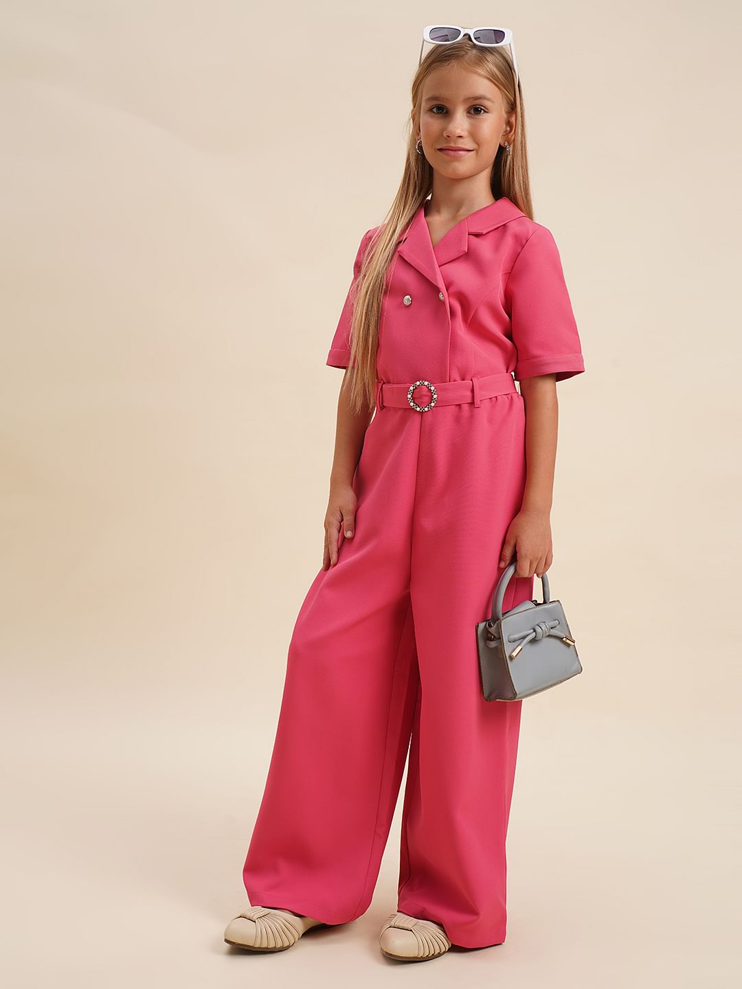 Girls Pink Belted Jumpsuit