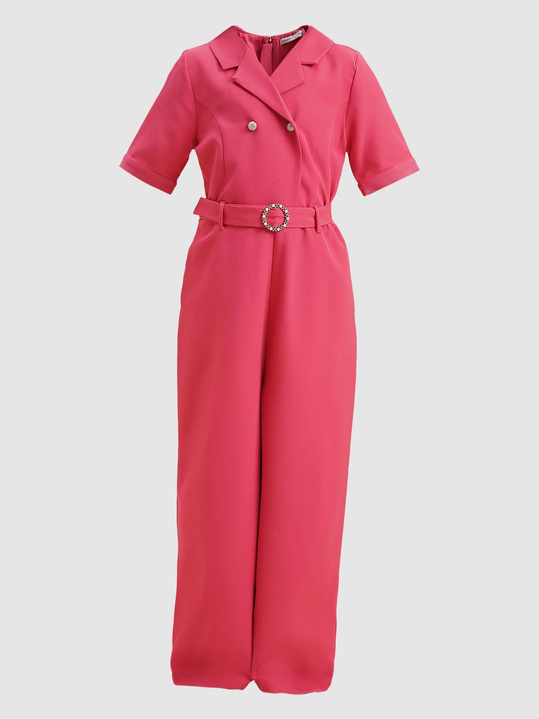 Girls Pink Belted Jumpsuit