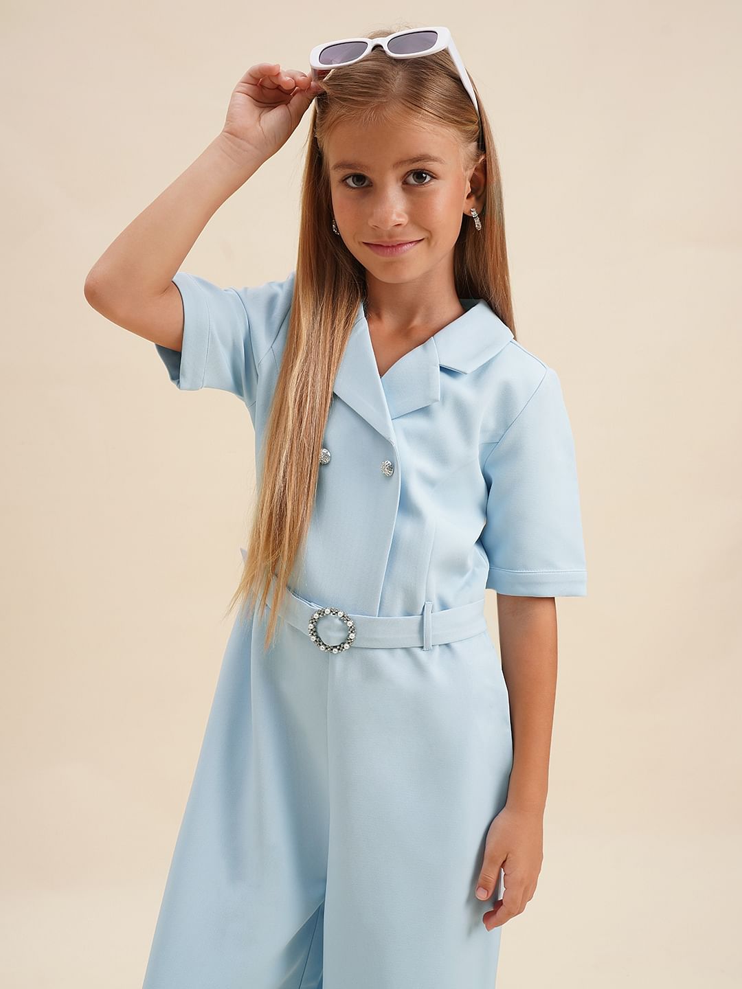 Girls Blue Belted Jumpsuit