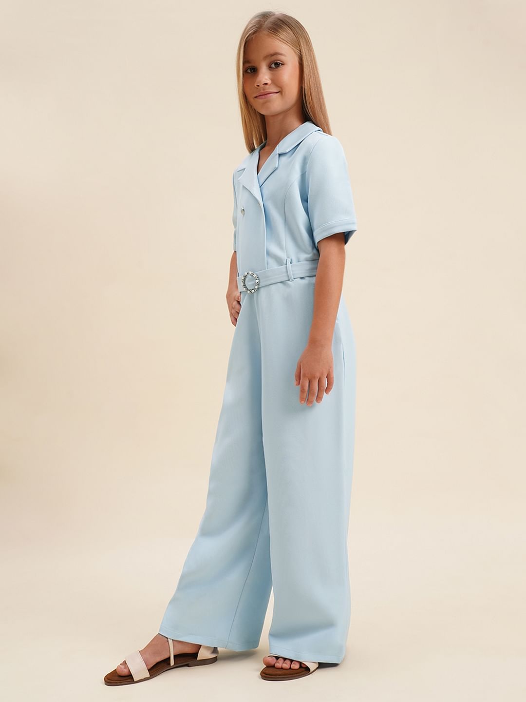 Girls Blue Belted Jumpsuit