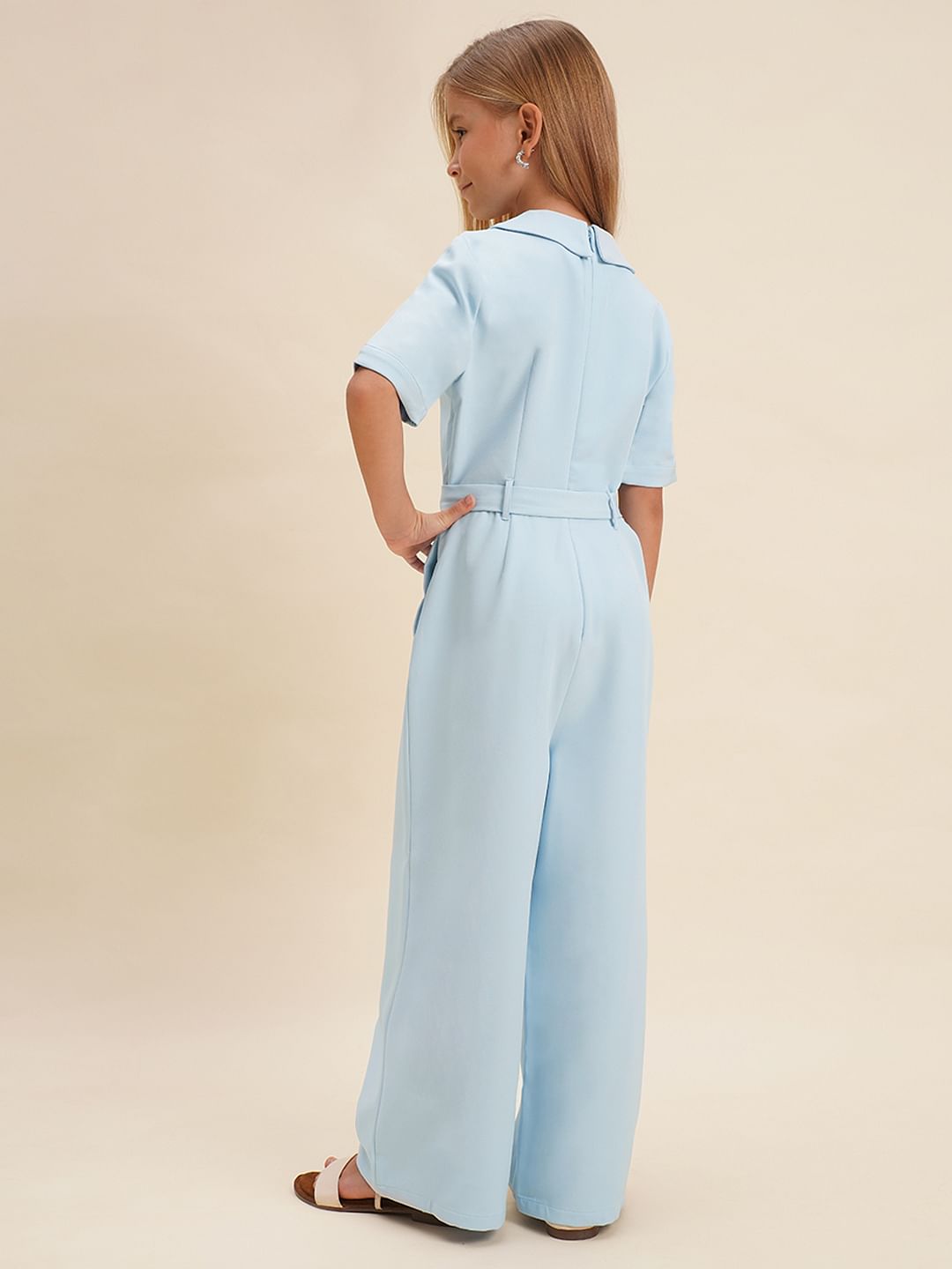 Girls Blue Belted Jumpsuit