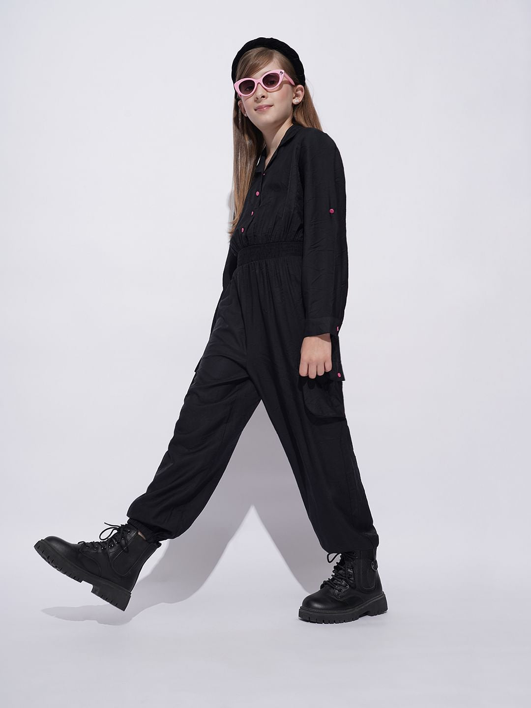Girls Black Parachute Fit Jumpsuit