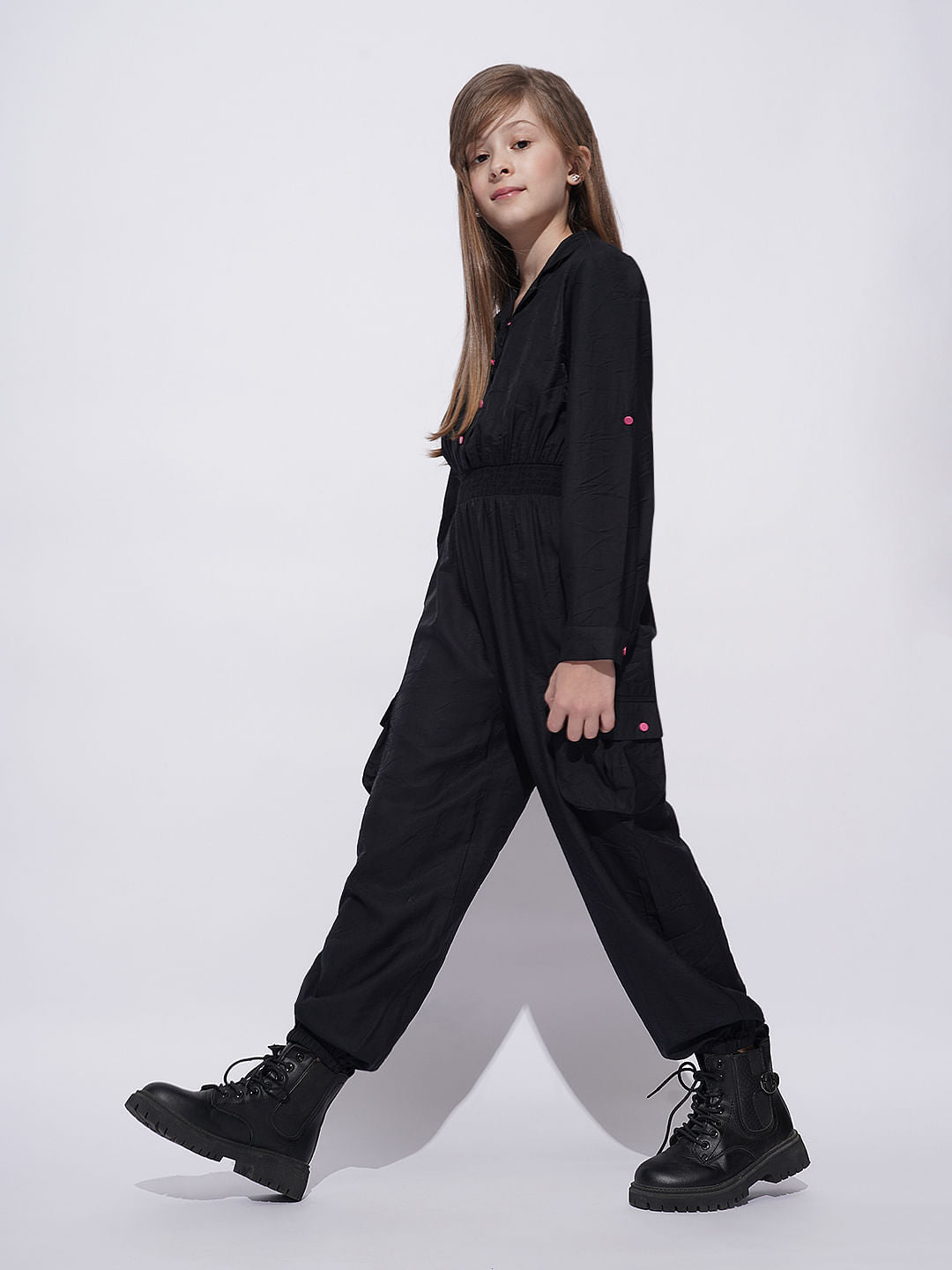 Girls Black Parachute Fit Jumpsuit