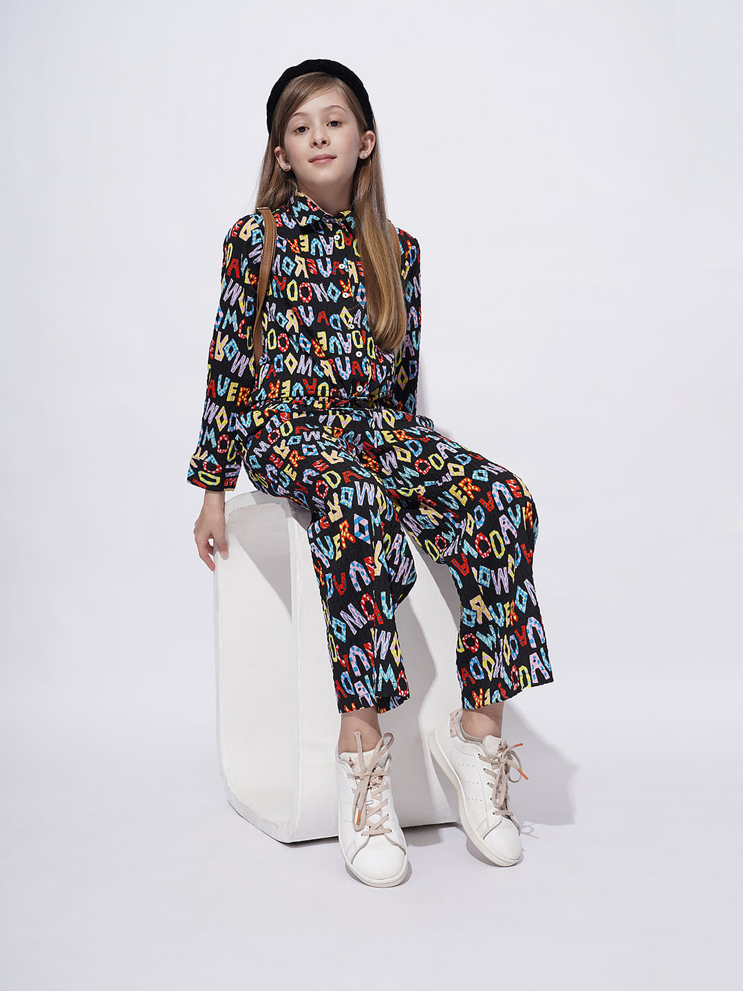 Girls Black Alphabet Print Co-Ord Set Pants