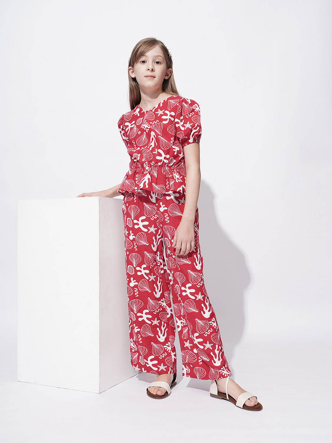 Girls Red Printed Co-Ord Set Wide Leg Pants