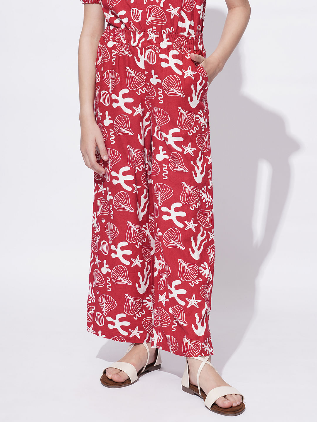 Girls Red Printed Co-Ord Set Wide Leg Pants