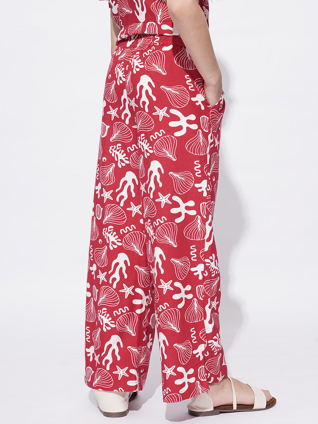 Girls Red Printed Co-Ord Set Wide Leg Pants