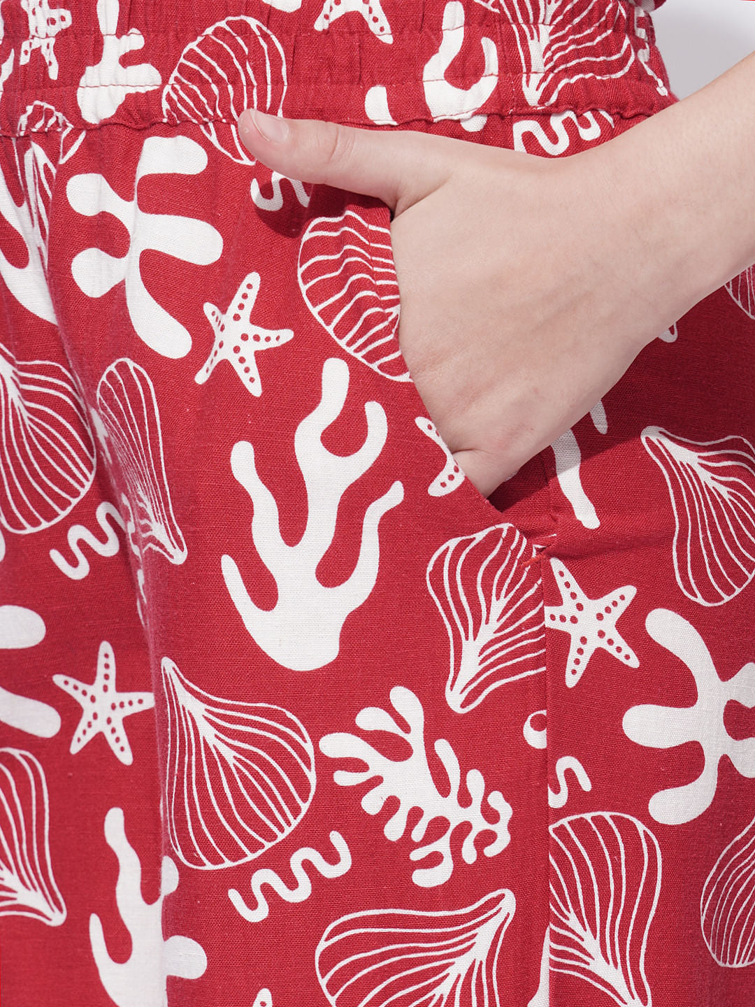 Girls Red Printed Co-Ord Set Wide Leg Pants