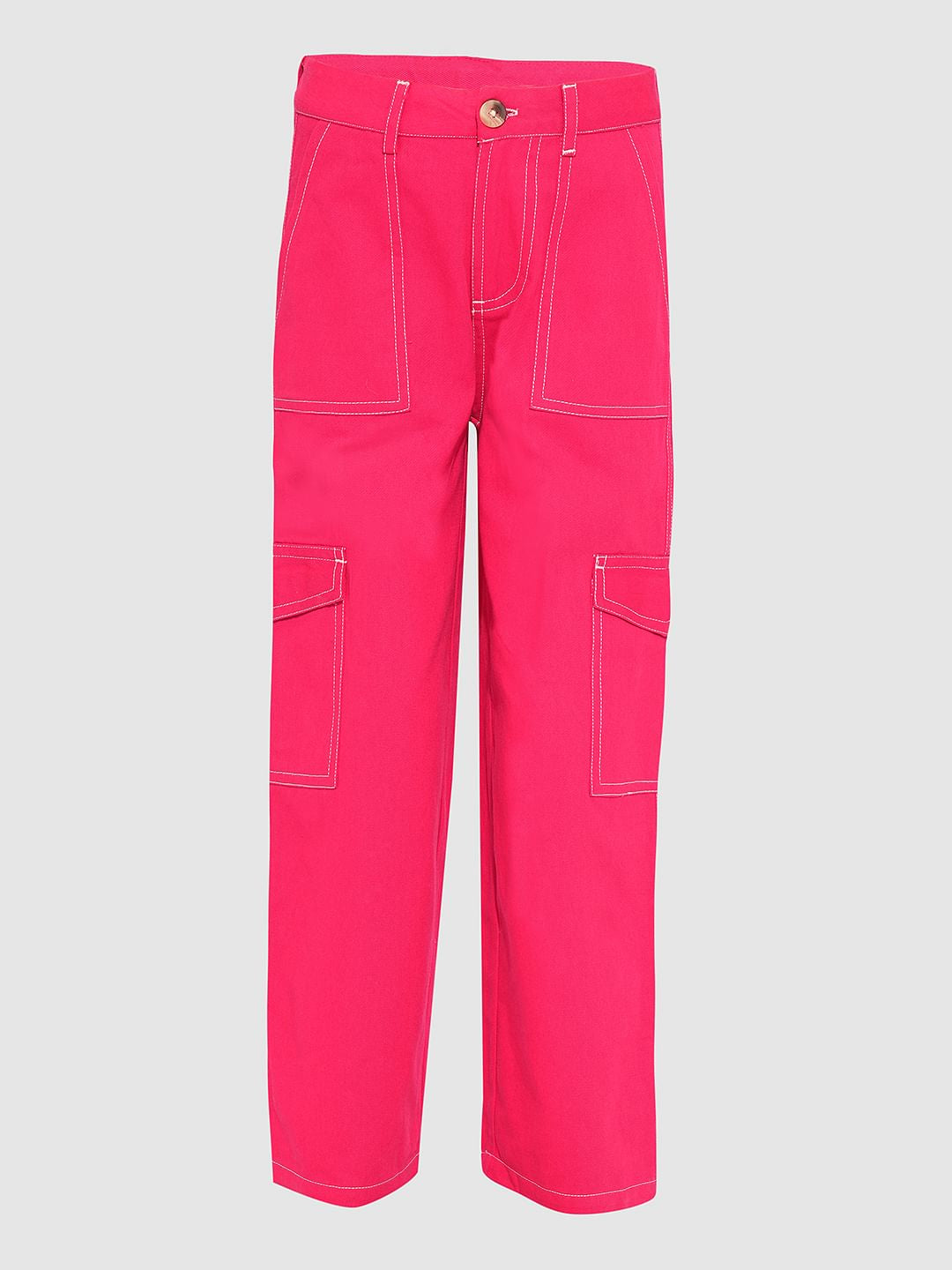 Girls Pink Contrast Stitch Straight Fit Pants