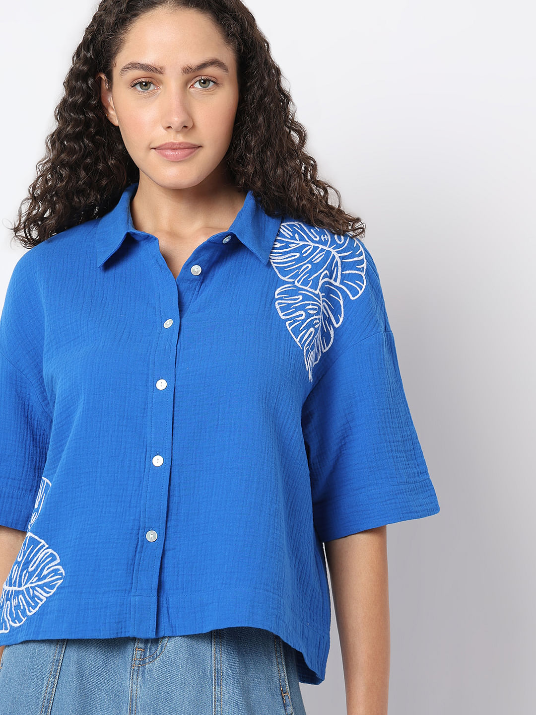 Blue Floral Crinkle Weave Shirt